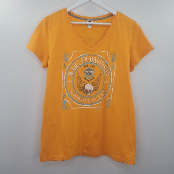 Harley-Davidson Tangerine Orange V Neck Cherokee NC Skull Graphic Tee Shirt - Picture 1 of 7